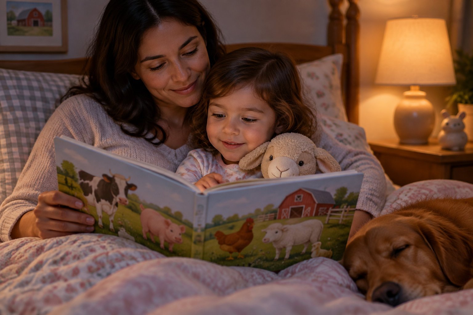 Empowering personalized story books for girls 3 A woman and a young child read a picture book together in bed, with a stuffed lamb and a sleeping dog beside them.