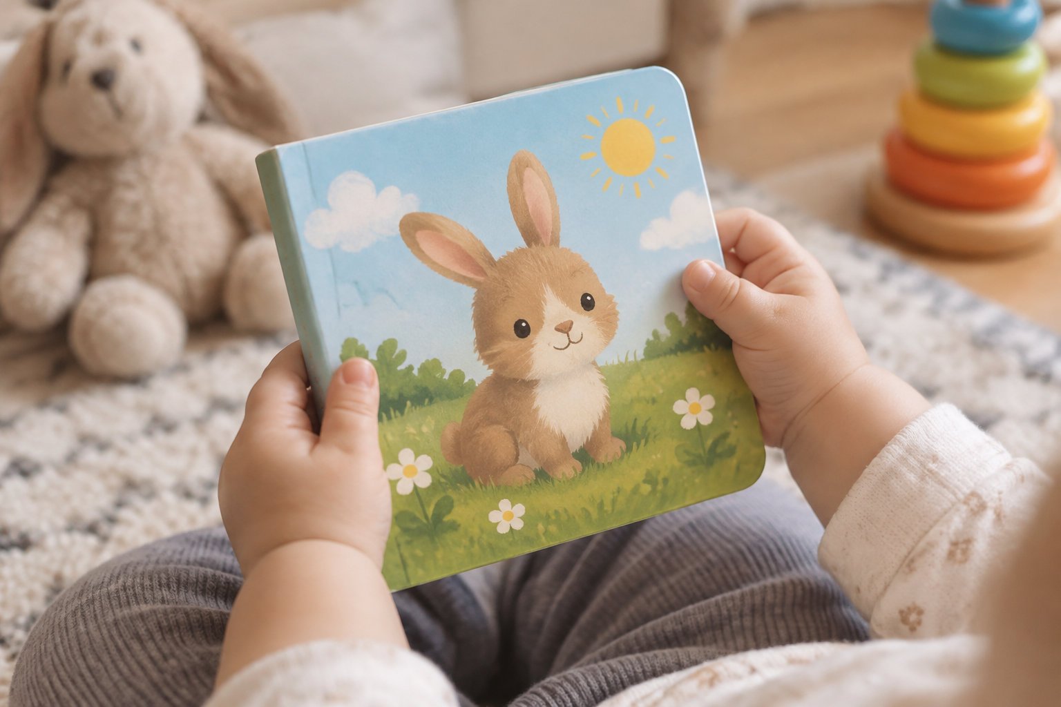 A baby holds a picture book showing a rabbit in a sunny meadow, with a stuffed toy and a colorful stacking ring toy nearby.