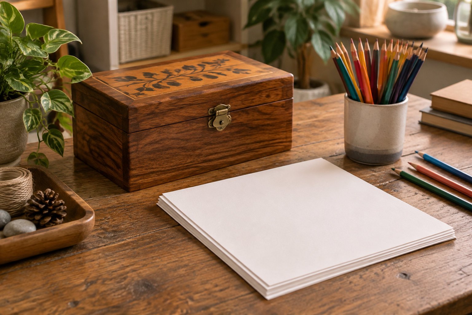 Helping a child process grief through stories 4 A wooden box, blank sheets of paper, colored pencils, books, and potted plants sit on a rustic desk.