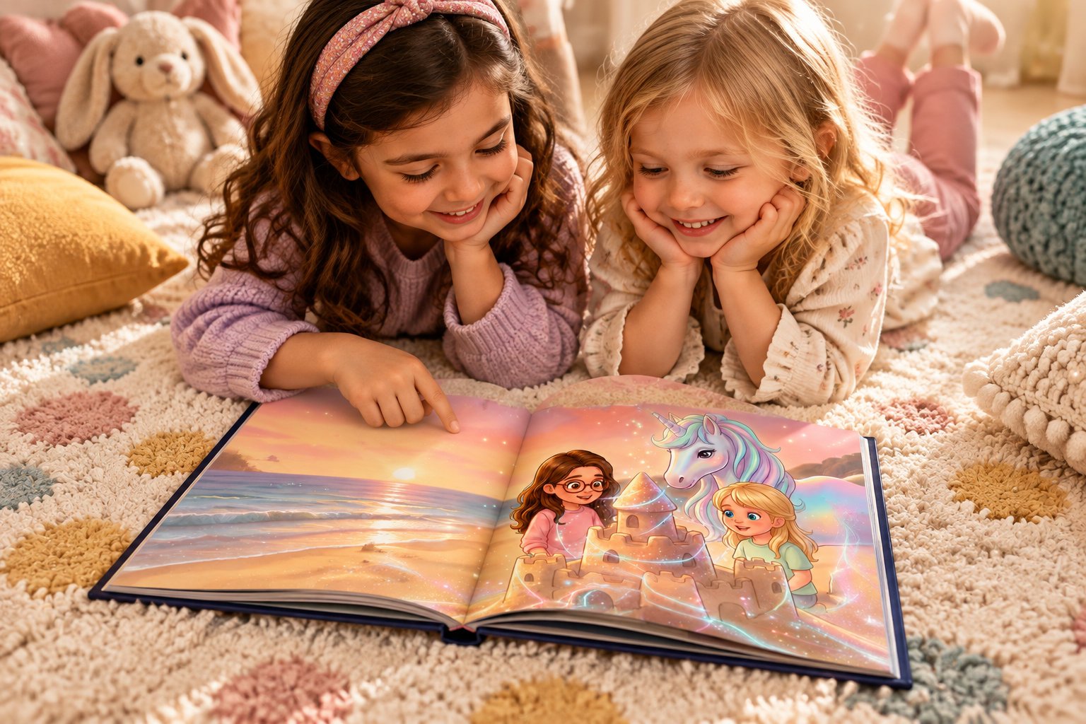 The best personalized books for kids to buy in 2026 4 Two girls lie on a rug, smiling as they look at an open picture book illustrated with a beach, a sandcastle, and a unicorn.