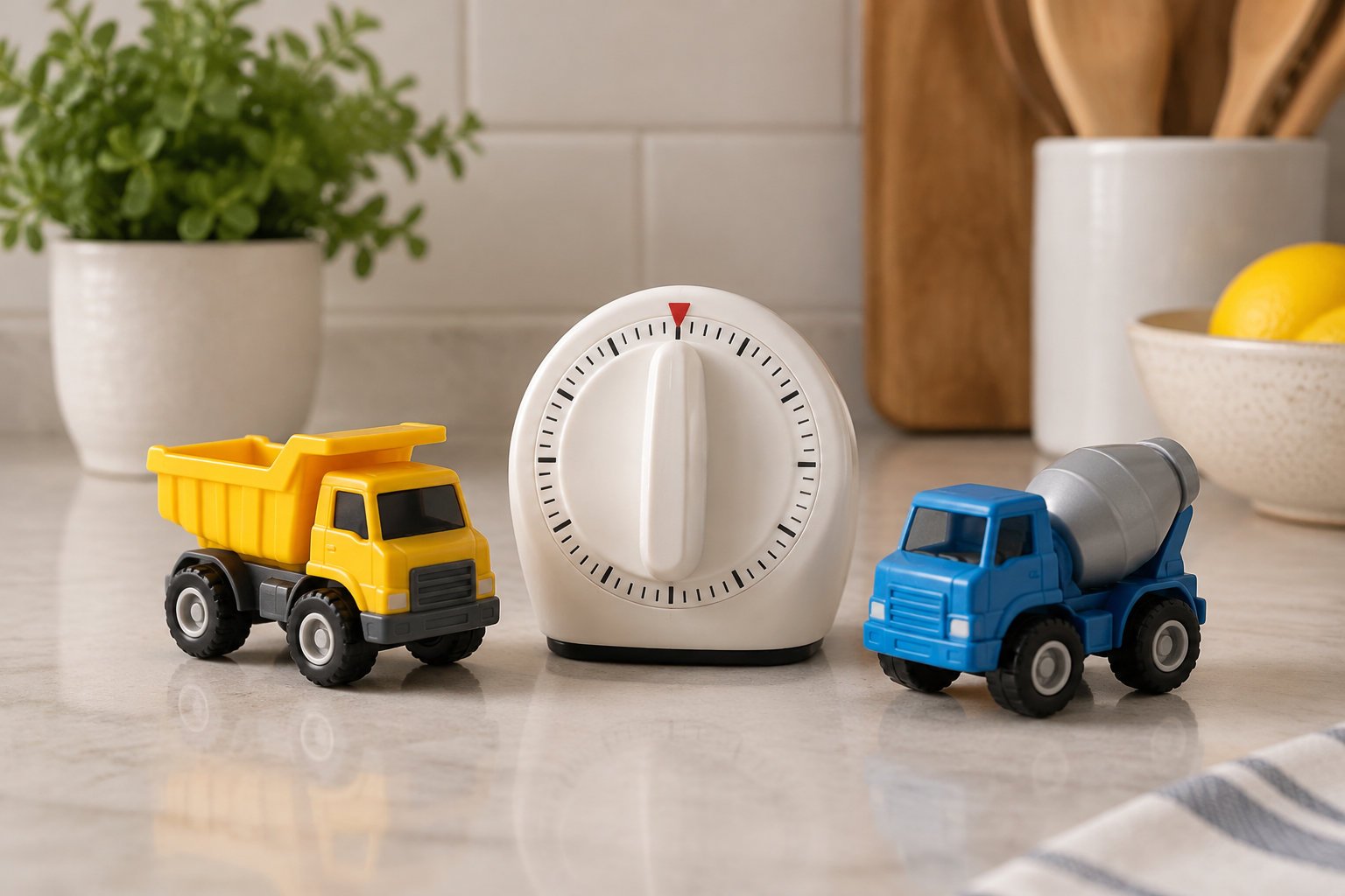 Practical tips for teaching kindness to toddlers through play 3 A white kitchen timer sits between a yellow toy dump truck and a blue toy cement mixer on a countertop.