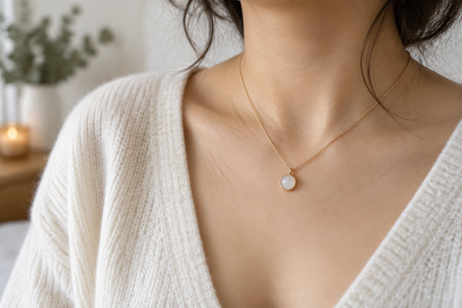Creative personalized baby shower gift ideas that last 3 A close-up of a person wearing a delicate gold chain with a round white pendant over a cream knit sweater.