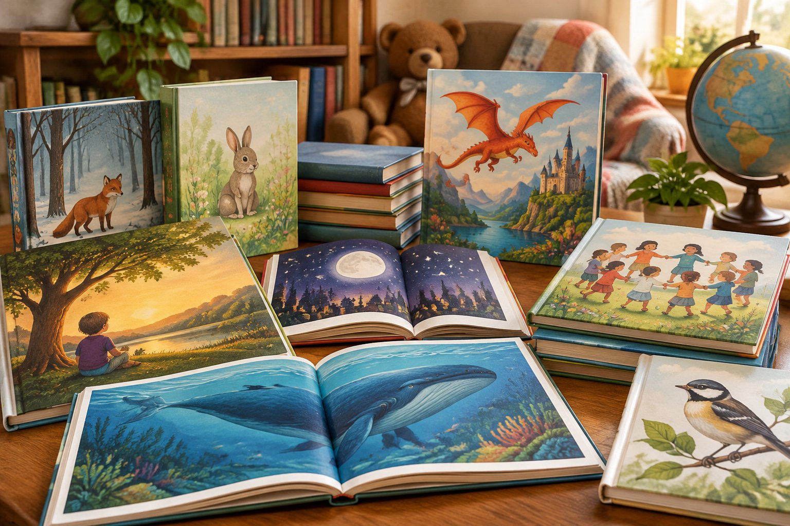 The science of why personalized bedtime stories work for kids 3 Several illustrated children’s books are spread across a wooden table, showing animals, a dragon, children, and landscapes.