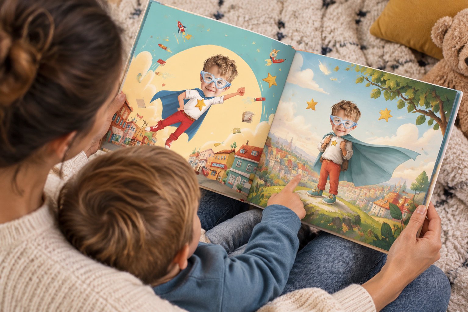 The best personalized books for kids to buy in 2026 5 A woman and a young boy sit together on a rug, looking at an open picture book showing a child dressed as a superhero in a colorful town.