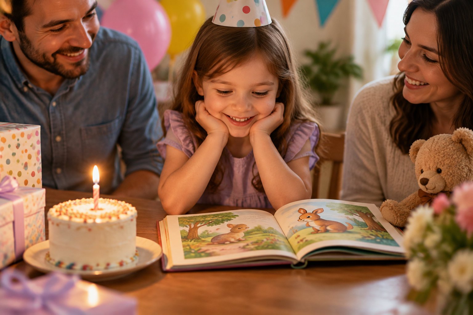 A smiling girl in a party hat looks at an open picture book between her parents, with a birthday cake, wrapped gifts, balloons, and a teddy bear on the table.