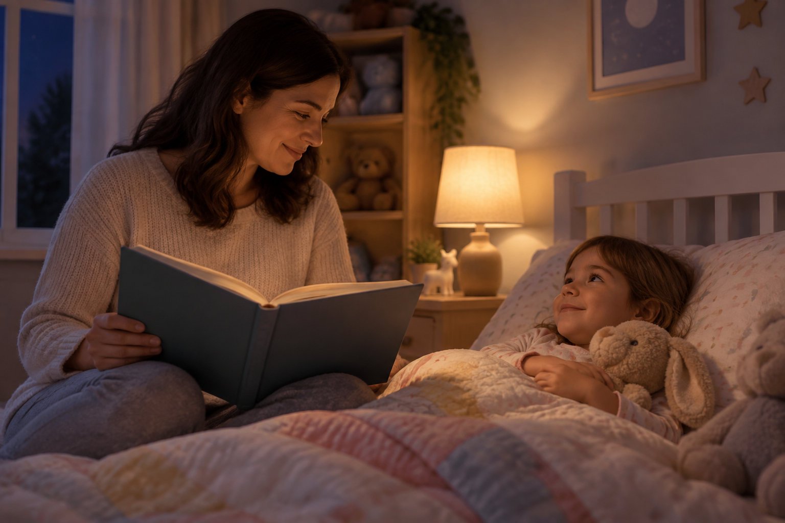 Is AI safe for children: a guide for parents 4 A woman reads an open book to a child tucked into bed, who holds a stuffed rabbit in a warmly lit bedroom.