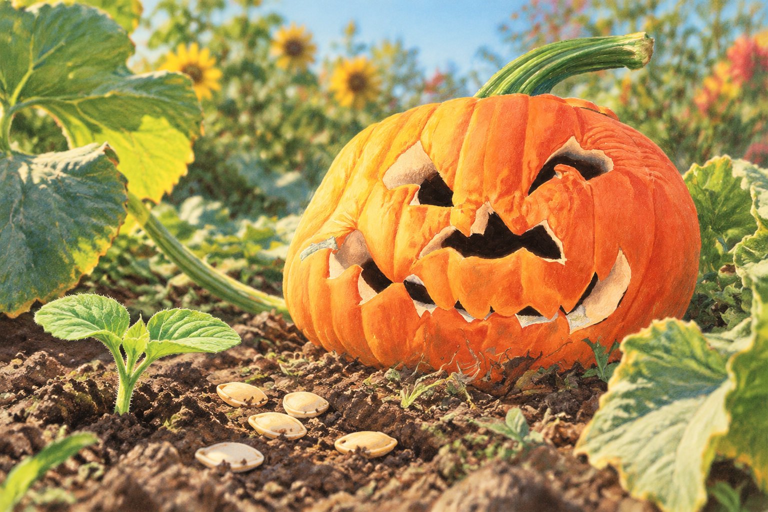 Not-so-spooky halloween stories for 5 year olds 4 A carved jack-o’-lantern rests in a pumpkin patch among vines, seedlings, and scattered seeds.