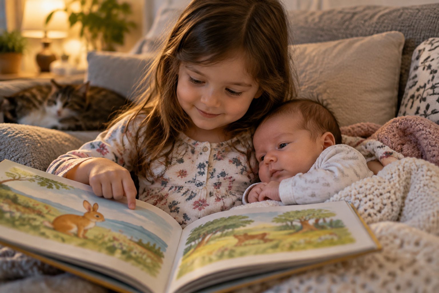 Empowering personalized story books for girls 4 A young girl points at an illustration in an open picture book while a baby rests beside her on a couch, with a cat in the background.