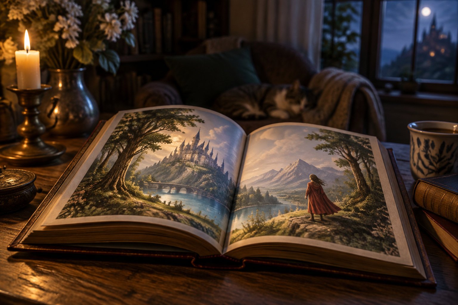 10 best audiobooks for 3 year olds to boost language skills 5 An open illustrated book rests on a wooden table beside a lit candle and a patterned cup, with a cat curled on an armchair in the background.