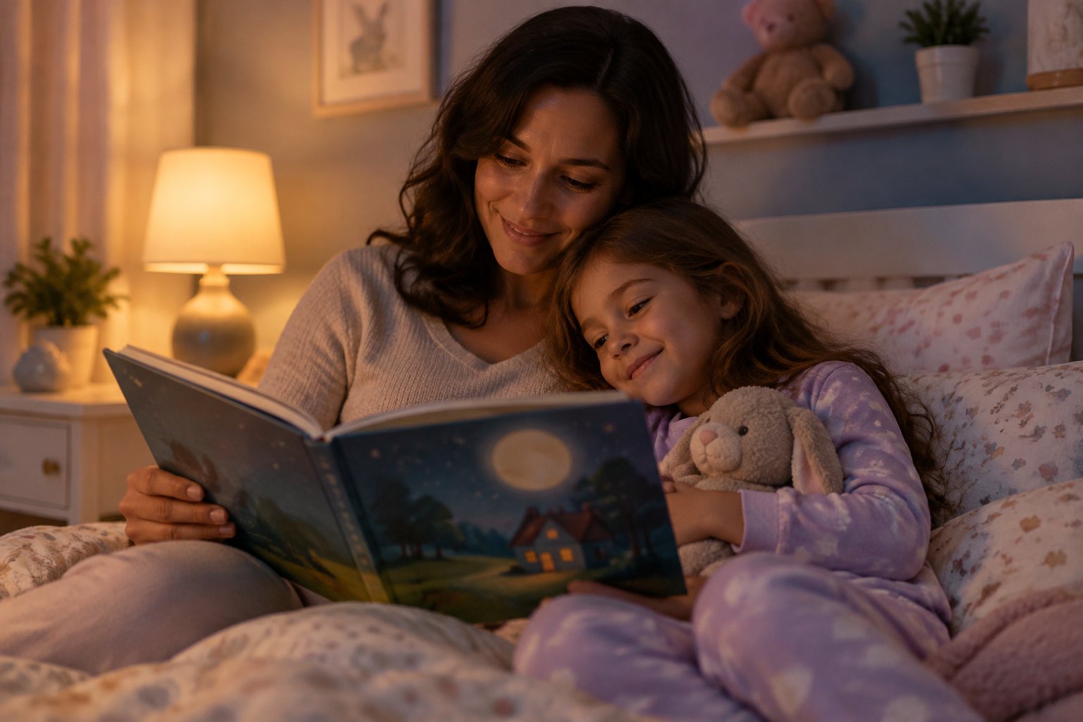 The science of why personalized bedtime stories work for kids 4 A woman and a young girl in pajamas sit together in bed, smiling as they read a picture book by the light of a bedside lamp.