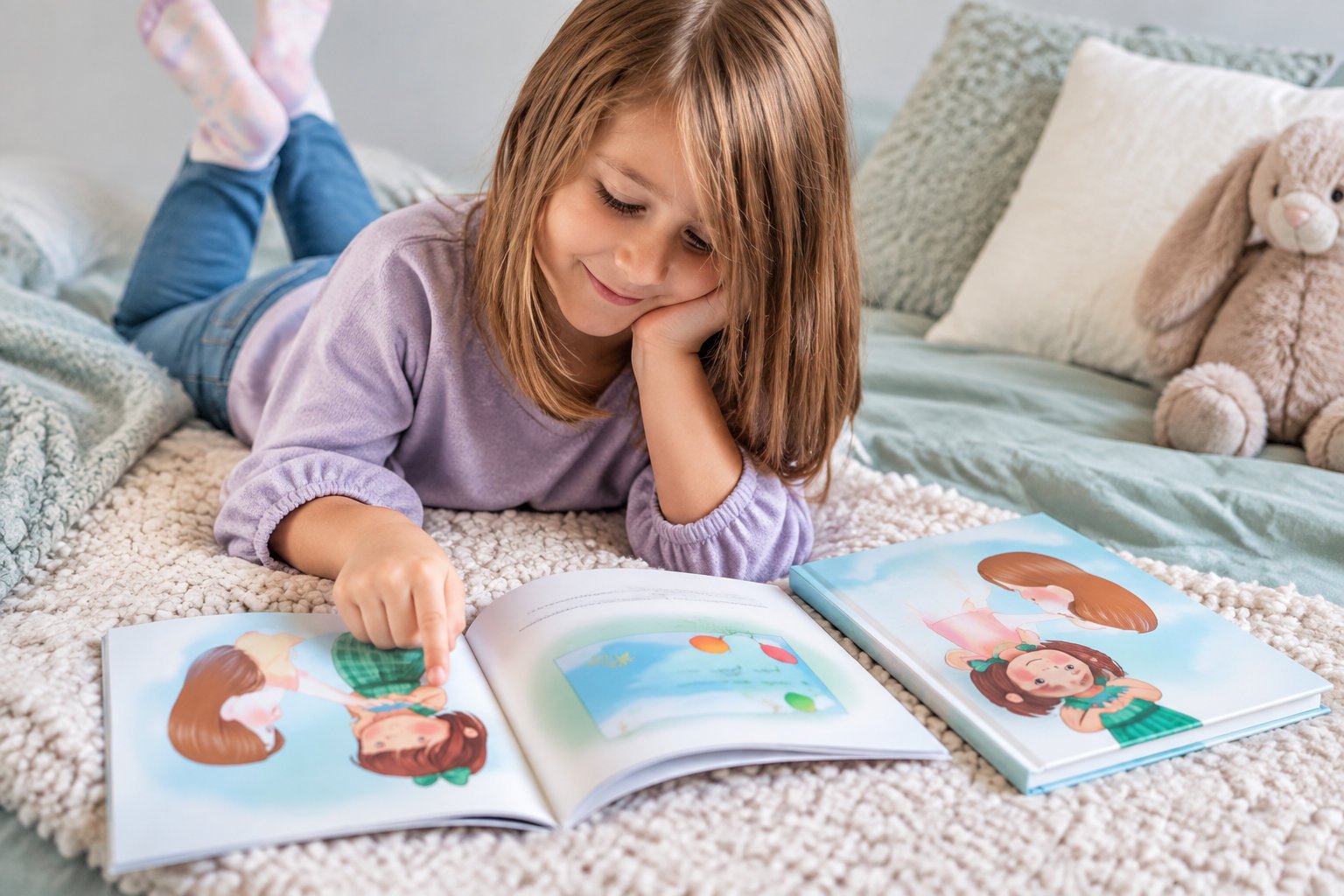 Creative personalized baby shower gift ideas that last 4 A young girl lies on a bed, pointing at an illustrated book, with a closed book and a stuffed rabbit beside her.