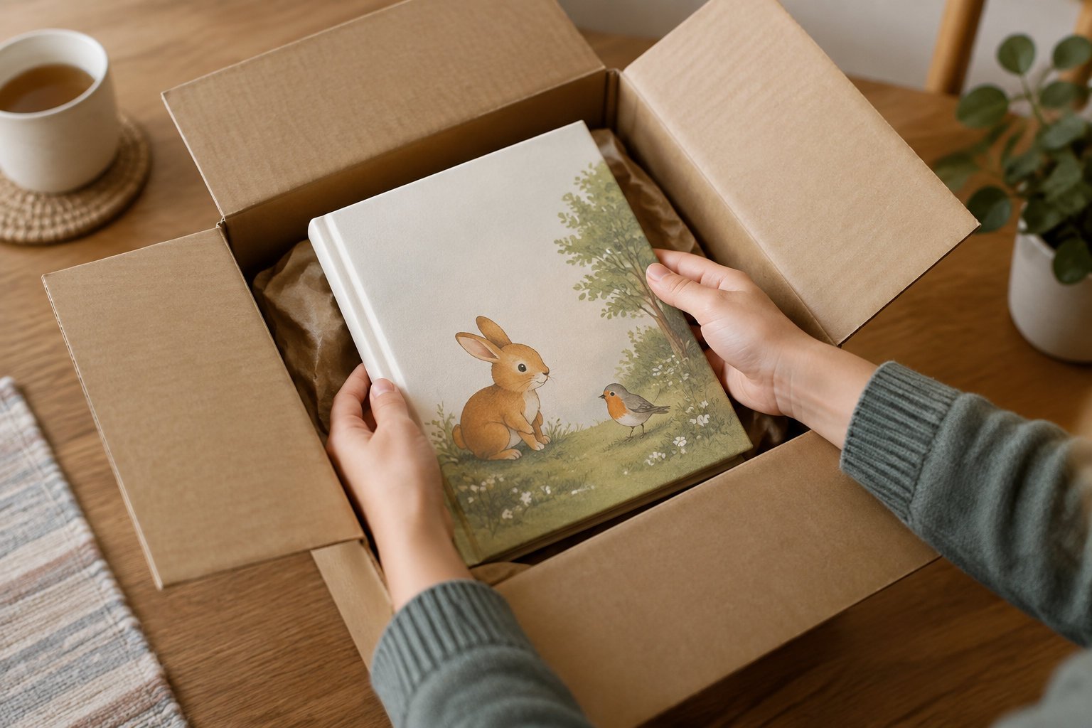 Empowering personalized story books for girls 5 A person lifts an illustrated book showing a rabbit and a bird from an open cardboard box on a wooden table.