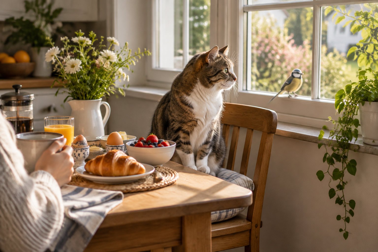 10 best audiobooks for 3 year olds to boost language skills 6 A tabby cat sits at a breakfast table and watches a small bird perched on the window ledge.