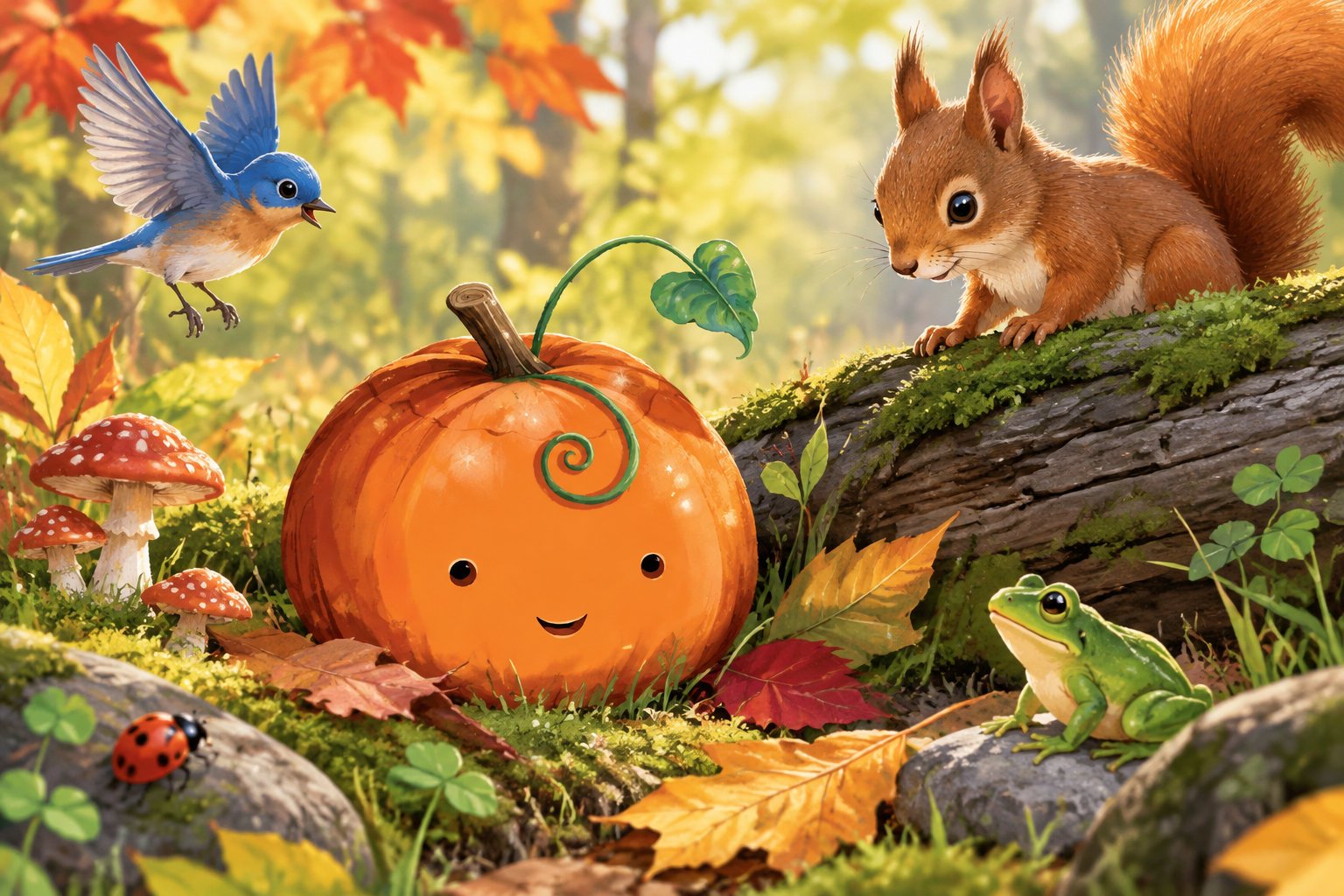 Not-so-spooky halloween stories for 5 year olds 5 A smiling pumpkin sits on an autumn forest floor as a bluebird, red squirrel, frog, and ladybug gather nearby.