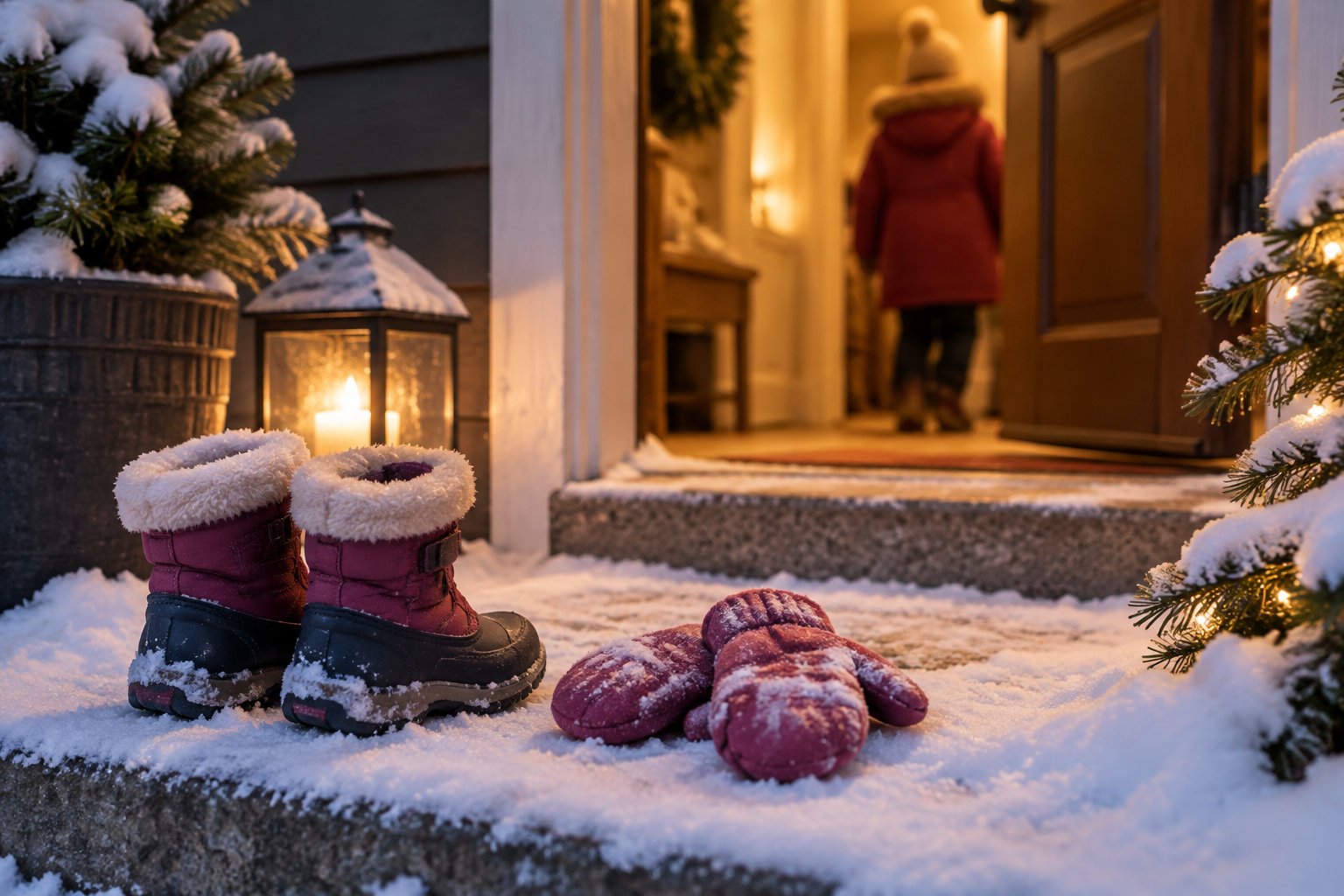 10 best audiobooks for 3 year olds to boost language skills 7 Snow-covered boots and mittens sit on a porch as a person in a red coat enters a warmly lit house.
