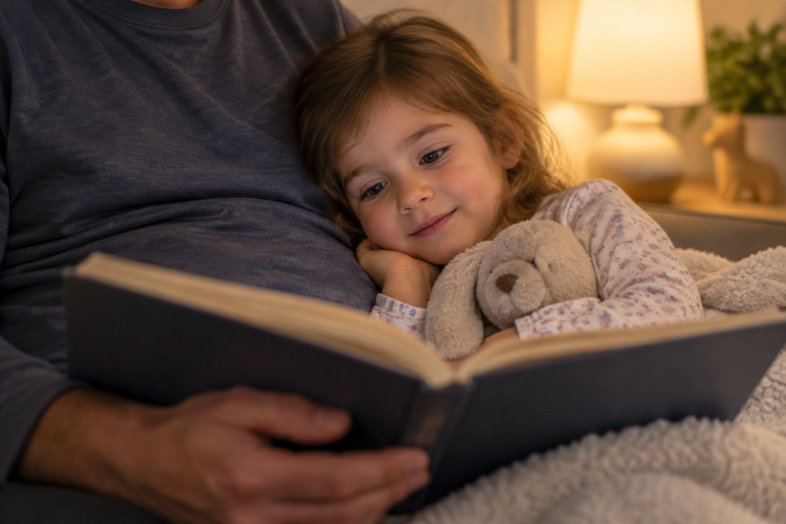 10 best audiobooks for 3 year olds to boost language skills 8 A young girl cuddles a stuffed bunny while listening to an adult read a book in a warmly lit room.